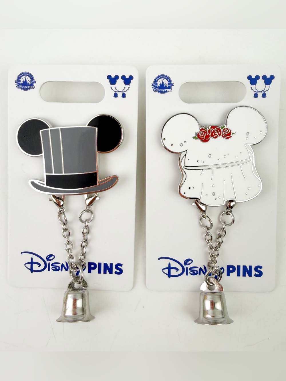 Disney Mickey Minnie Mouse Pin Set Groom Bride Hat Wedding Bell Parks Dangle New